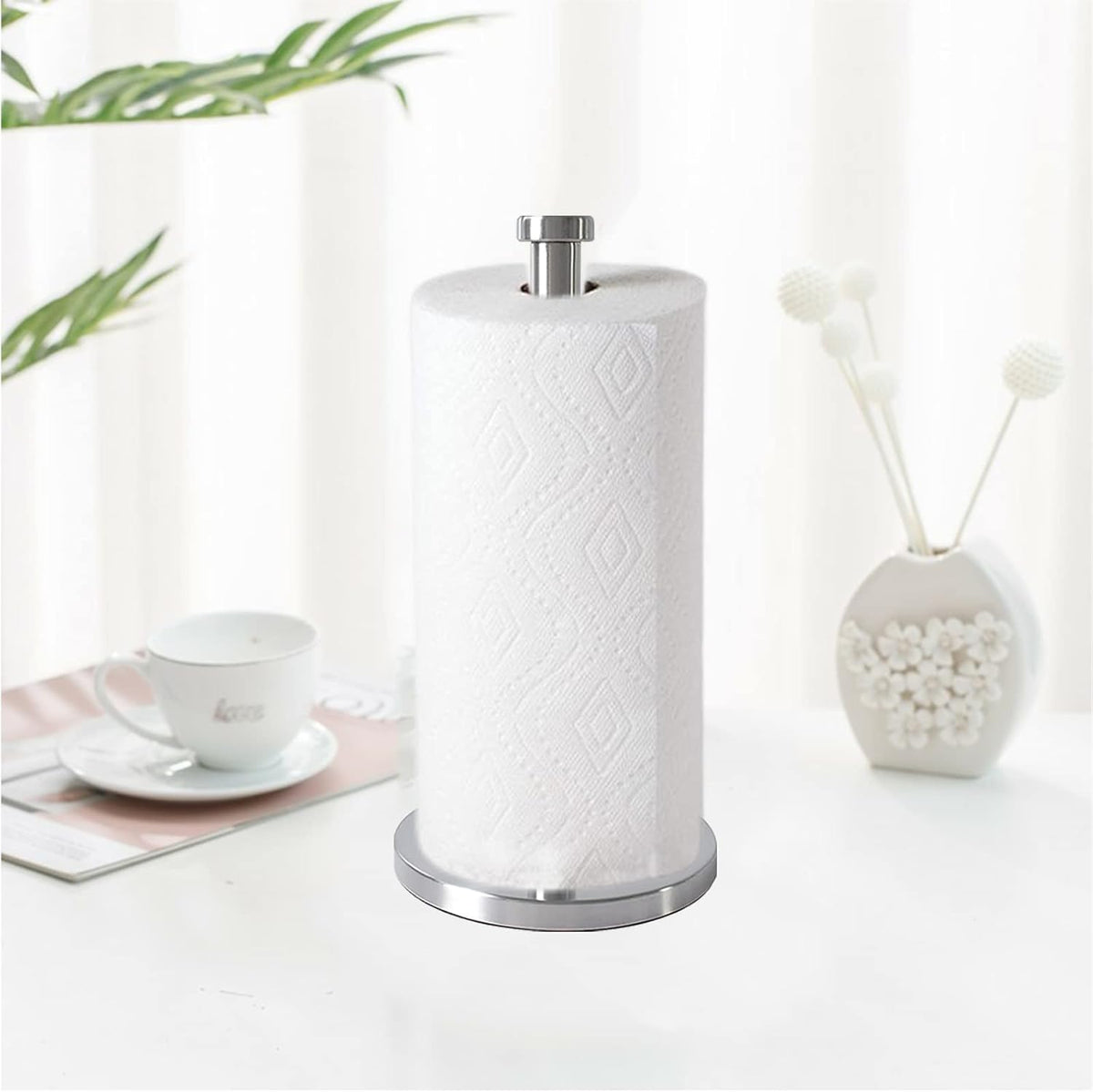Silver Paper Towel Holder, Stainless Steel Countertop with Weighted Base