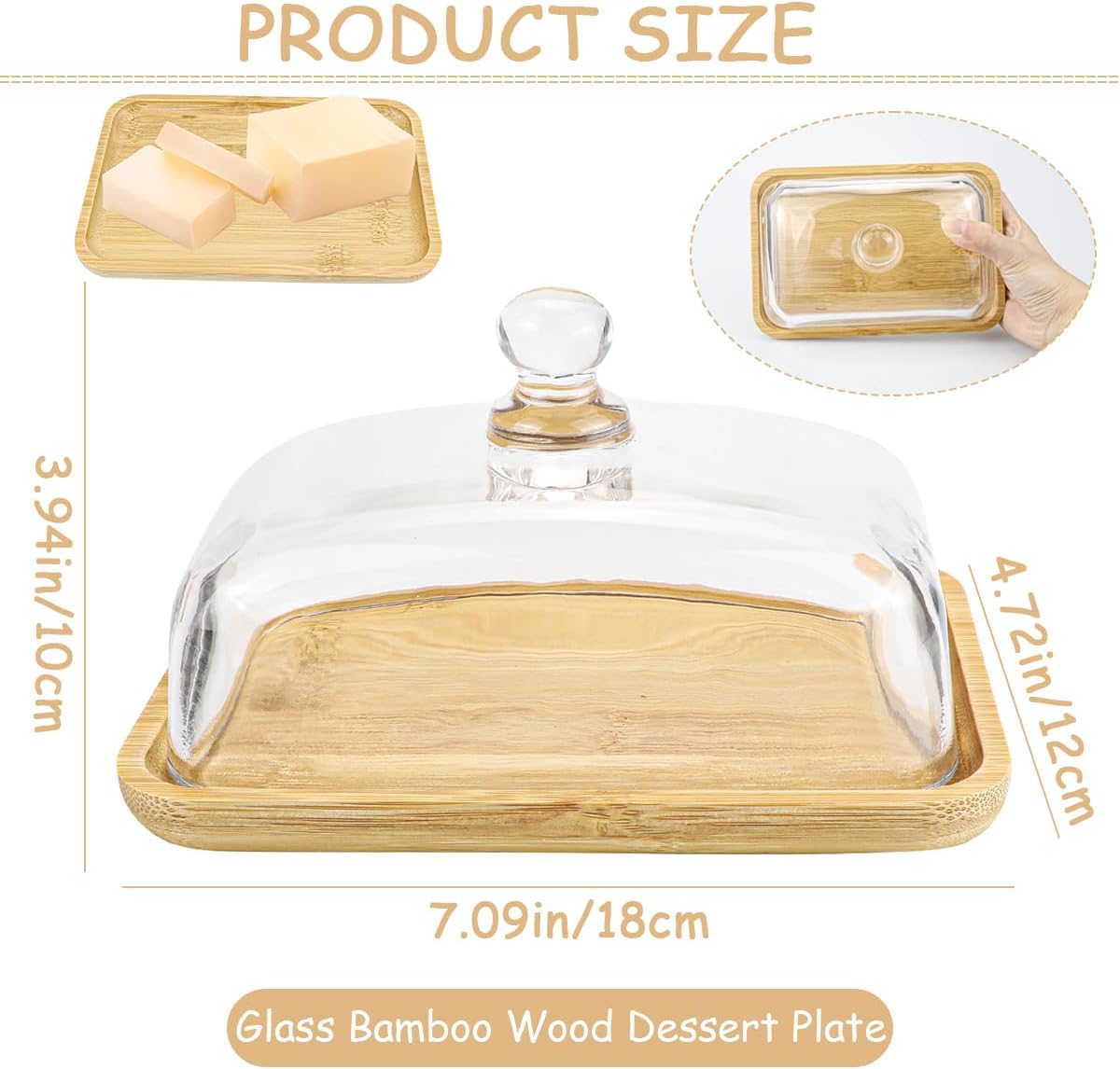 Crystal Clear Glass Butter Dish with Lid Butter Holder Container for Butter, Cream Cheese, and Dessert Cake（Bamboo）