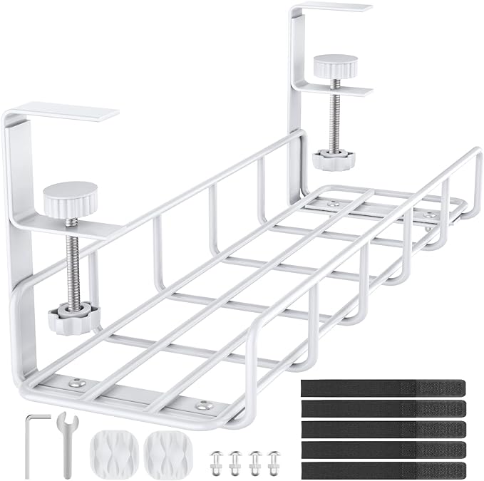 Under Desk Cable Management Tray, 15.7'' No Drill Steel Cable Tray Organizers, Wire Management Tray Cable Rack with Clamp Mount, Metal Under Desk Tray with Wire and Cord Organizer White（1pack