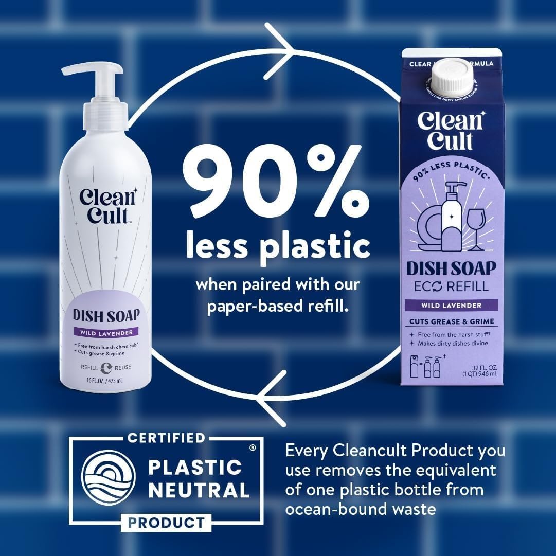 Bundle of Cleancult Dish Soap Liquid Refills (32oz, 1 Pack) Wild Lavender + Cleancult -Wild Lavender - Liquid Dish Soap - Refillable Aluminum Bottle - 16 oz