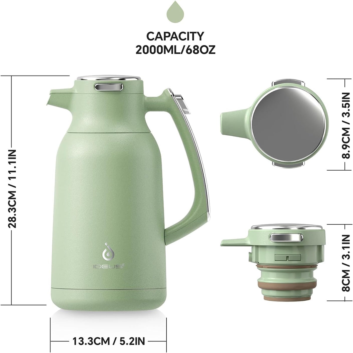 IDEUS Thermal Coffee Carafe 68oz (2,000ml), Stainless Steel Double Wall Insulated Vacuum Flask, Water Jug Coffee Server and Beverage Dispenser, Heat and Cold Retention (Avocado, 68oz (2,000ml))