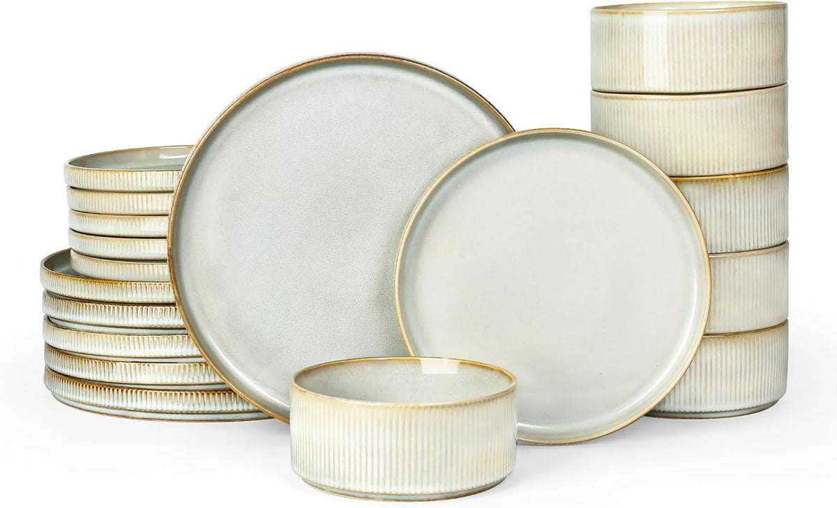 Famiware Star Plates and Bowls Sets, Modern Stoneware Dinnerware Sets for 6, 18-Piece Kitchen Dish Set - Chip and Scratch Resistant, Microwave and Dishwasher Safe Tableware, Cappuccino White