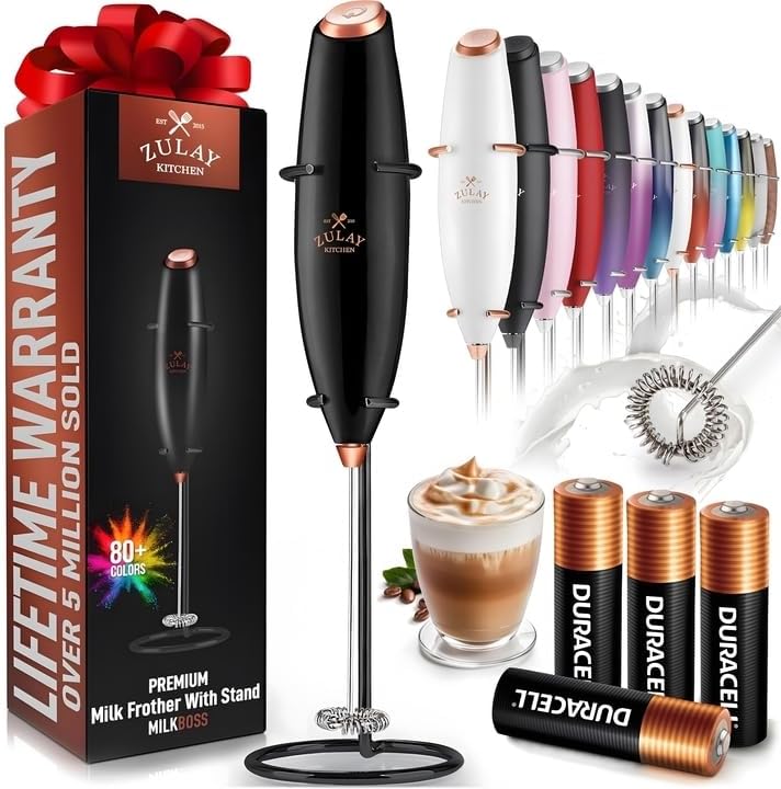 Zulay Powerful Milk Frother (4 Duracell Batteries Included) - Handheld Milk Frother Wand Drink Mixer for Coffee - Powerful Milk Foamer for Cappuccino, Frappe, Matcha & Creamer - Black/Copper