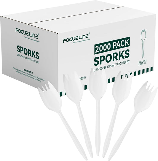 FOCUSLINE 2000 Pack White Disposable Sporks, Heat Resistant Plastic Sporks Bulk, Plastic Silverware for Take out Restaurants, Parties, Picnics, Travel & Any Events