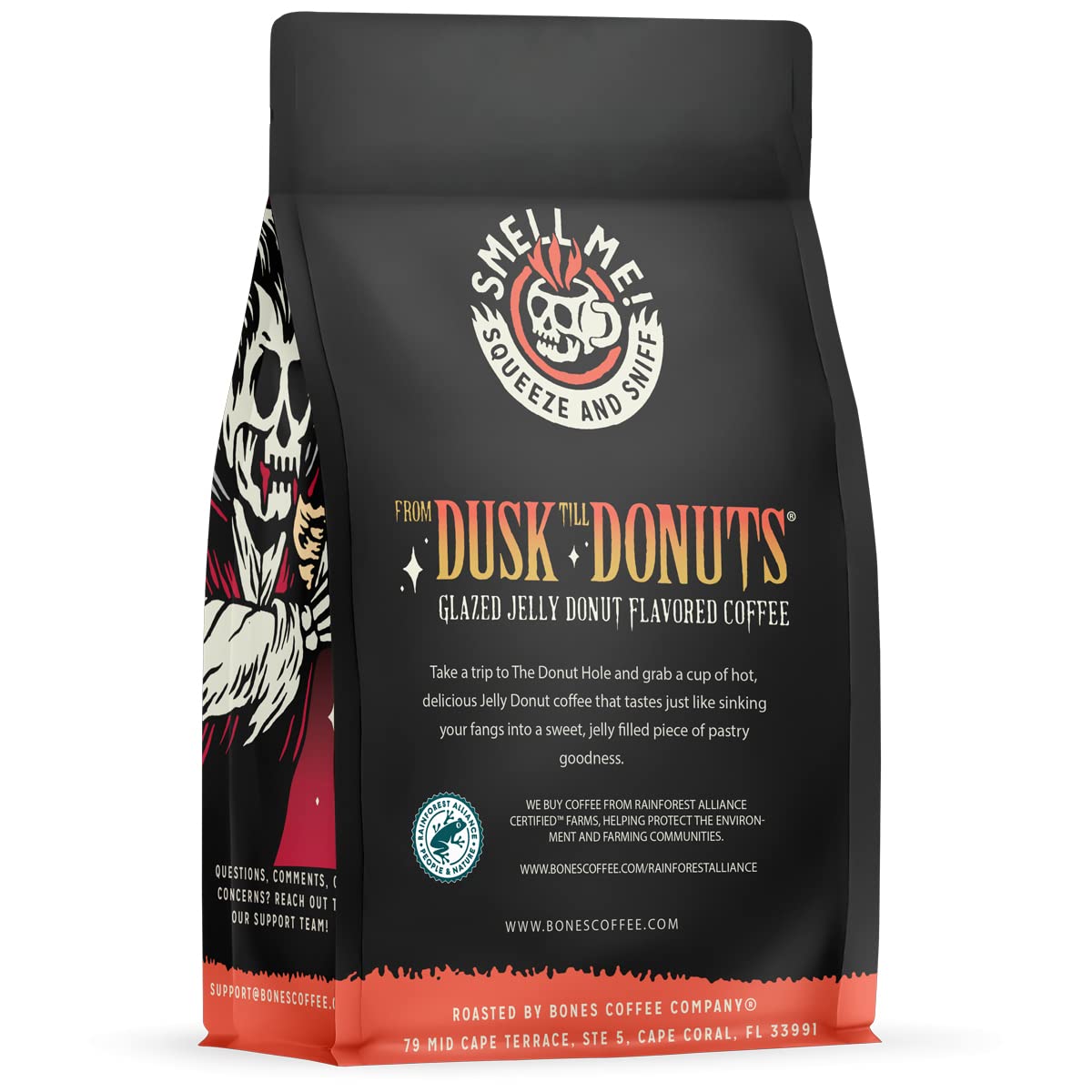Bones Coffee Company From Dusk Till Donuts Jelly Donuts Flavored Coffee, Medium Roast Low Acid Arabica Beans Compatible with Auto drip and French Press Coffee Maker, 12 Oz Whole Bean