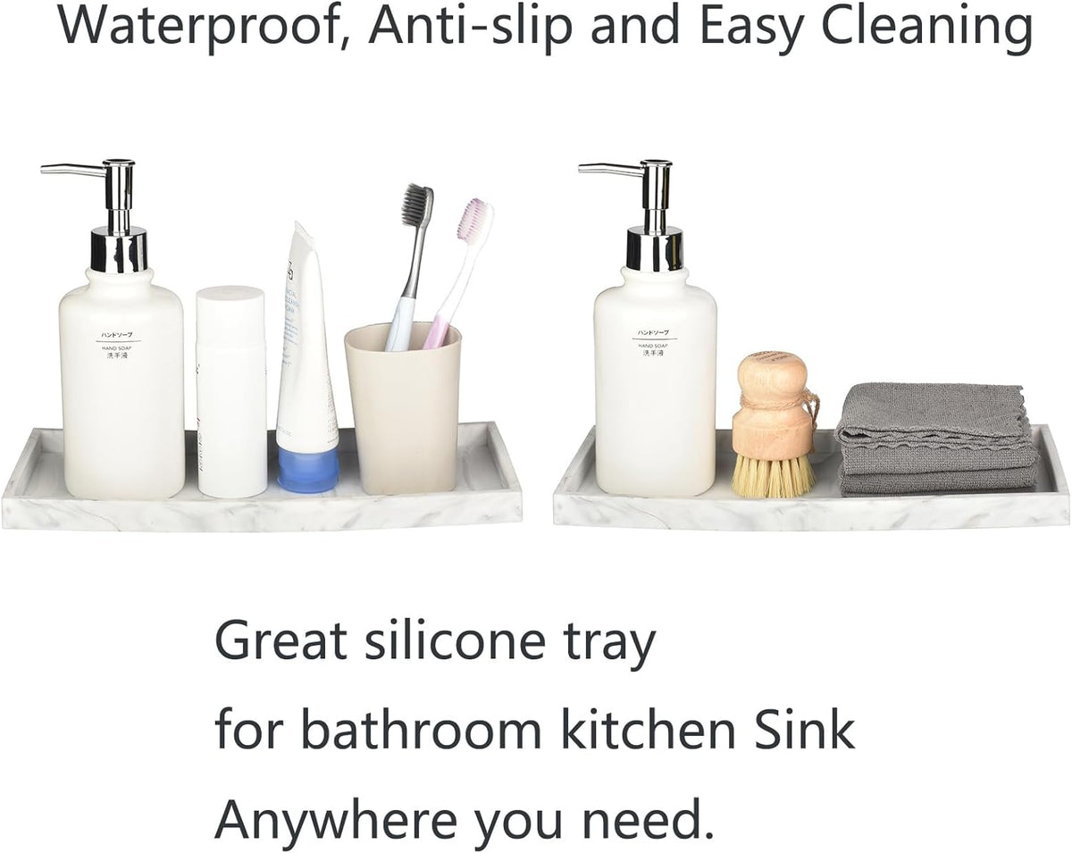 DNC Silicone Bathroom Vanity Tray for Counter, 11.8" Kitchen Sink Soap Tray for Dish Holder Dispenser Countertop Toilet Tank Decor Organizer Marble White