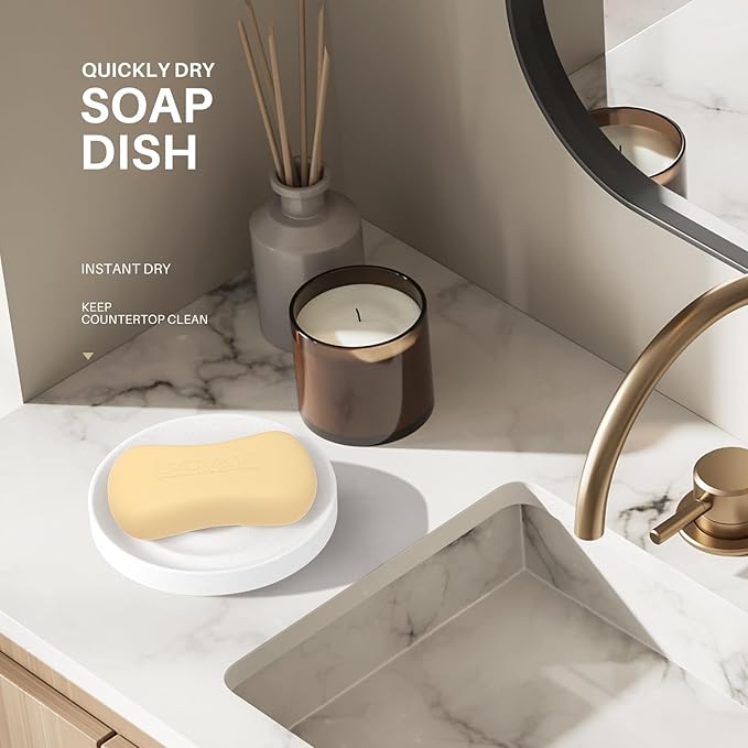 Diatomite Soap Dish Holder, Stone Bath Dish, Quick Dry Stone Bar Holder, Fast Drying Soap Saver, Diatomaceous Earth Tray for Hand Soap, Sponge Organizer, White