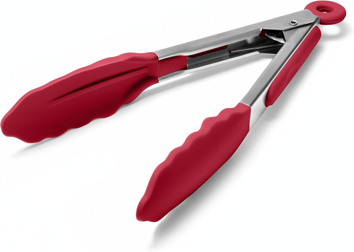 Doosu Kitchen Tongs for Cooking - 600°F Heat Resistant Food Tong with Non-Scratch Silicone Tips, Heavy Duty Stainless Steel Locking Tong for BBQ, Grilling Steak, Serving Salad, Pasta (7in, Red)
