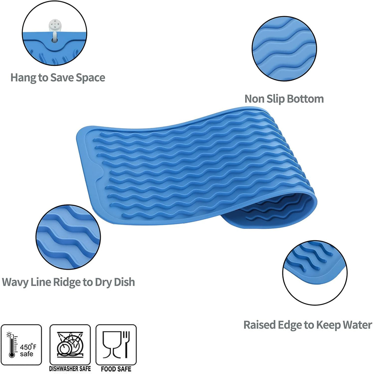 Silicone Dish Drying Mat for Multiple Usage,Easy clean,Eco-friendly,Heat-resistant Silicone Mat for Kitchen Counter,Sink,Bar,Bottle,or Cup Lichen Blue M 17 inches x 6 inches