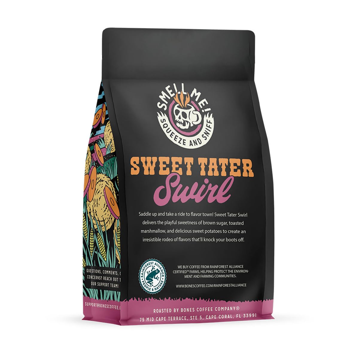 Bones Coffee Company Sweet Tater Swirl, Cinnamon Sweet Potato Flavored Coffee, Medium Roast Low Acid Arabica Beans Compatible with Auto drip and French Press Coffee Maker, 12 Oz Whole Bean