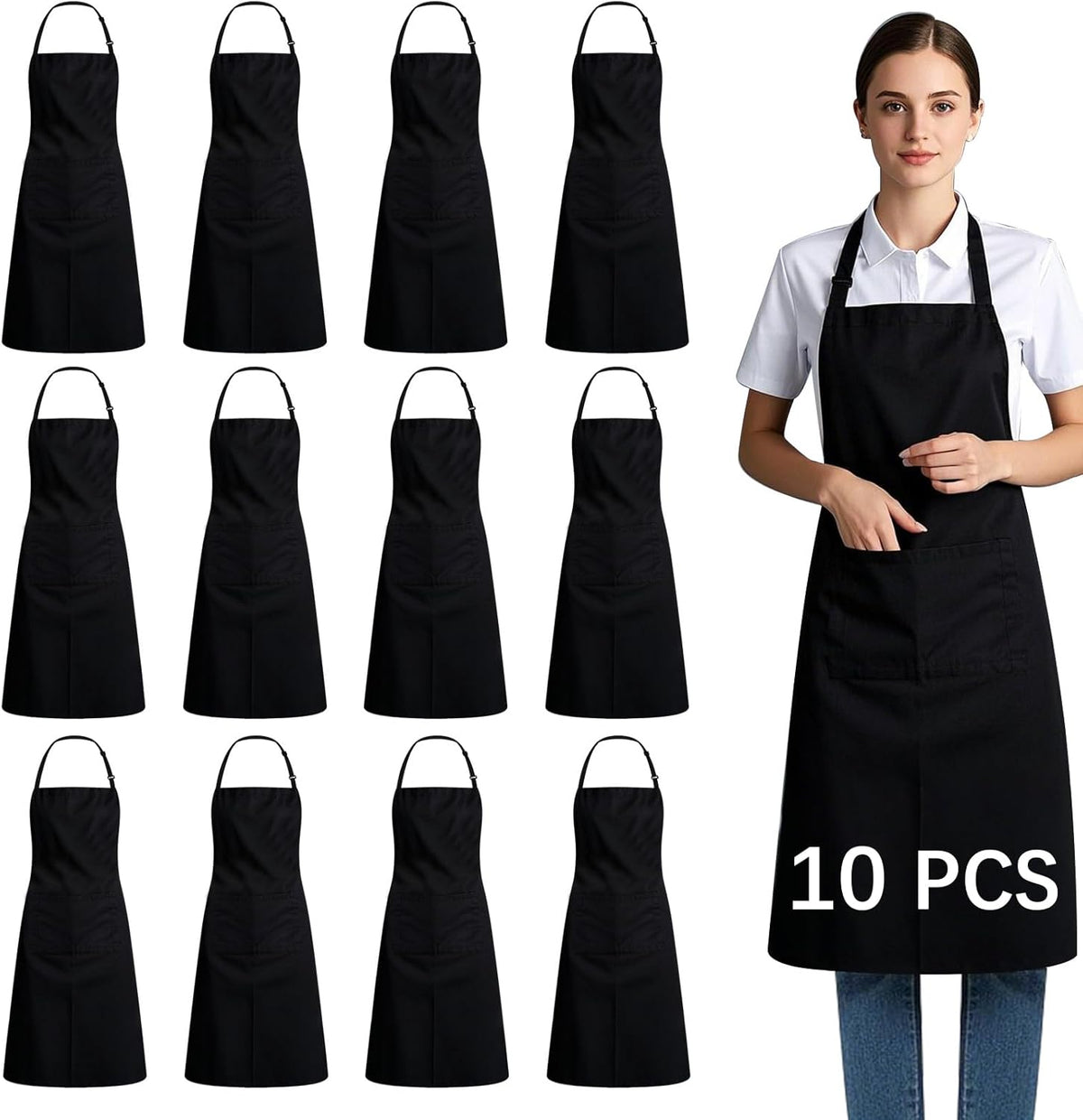 Bib Apron - Unisex Black Aprons 2 Pockets Cooking Kitchen Apron for Chef,BBQ Drawing aprons black (10 PCS)