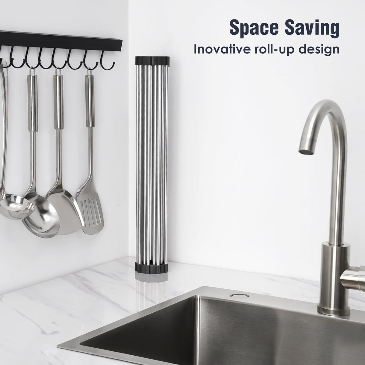 Tomorotec 21" x 15.5" Roll Up Dish Drying Rack Over Sink Drying Rack Sink Cover Kitchen Sink Accessories Gadget Multipurpose Organizer Foldable Stainless Steel Drainer