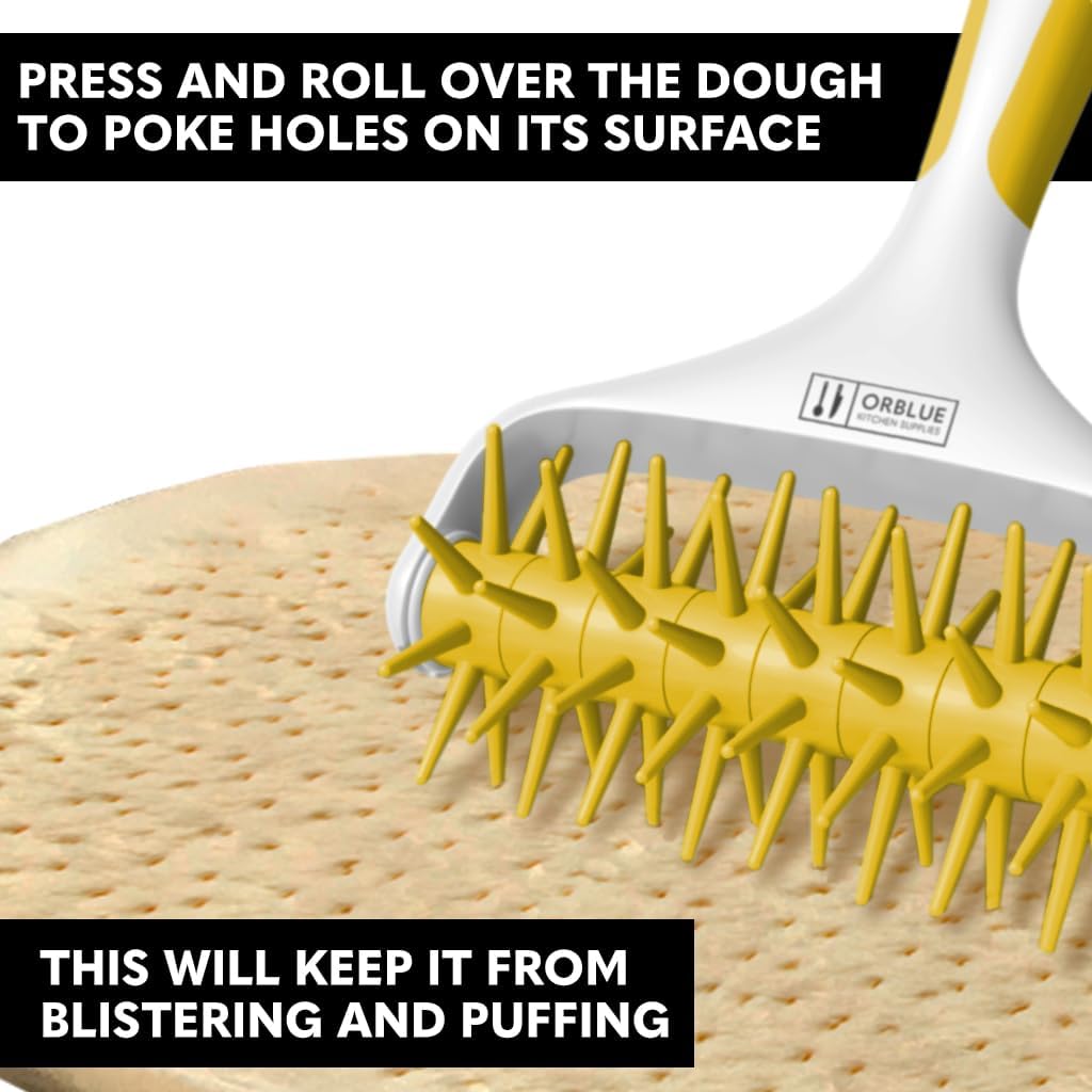 Orblue Pizza Dough Docker, Pastry Roller with Spikes, Pizza Docking Tool for Home & Commercial Kitchen - Pizza Making Accessories that Prevent Dough from Blistering, Yellow