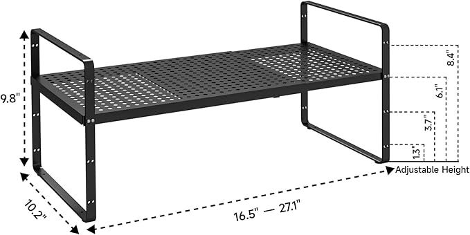 16.5-27’’L Expandable Stackable Cabinet Shelves, Adjustable Spice Rack Cabinet Shelf Organizer for Kitchen, Countertop, Pantry and Cupboard, Black