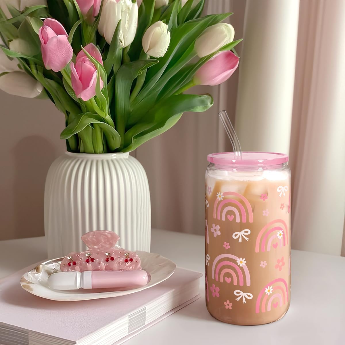 Rainbow 16oz Can Glass Tumbler with Acrylic Lid & Straw, Iced Coffee Cup for Women Girls, Aesthetic Cups Gifts for Birthday Christmas
