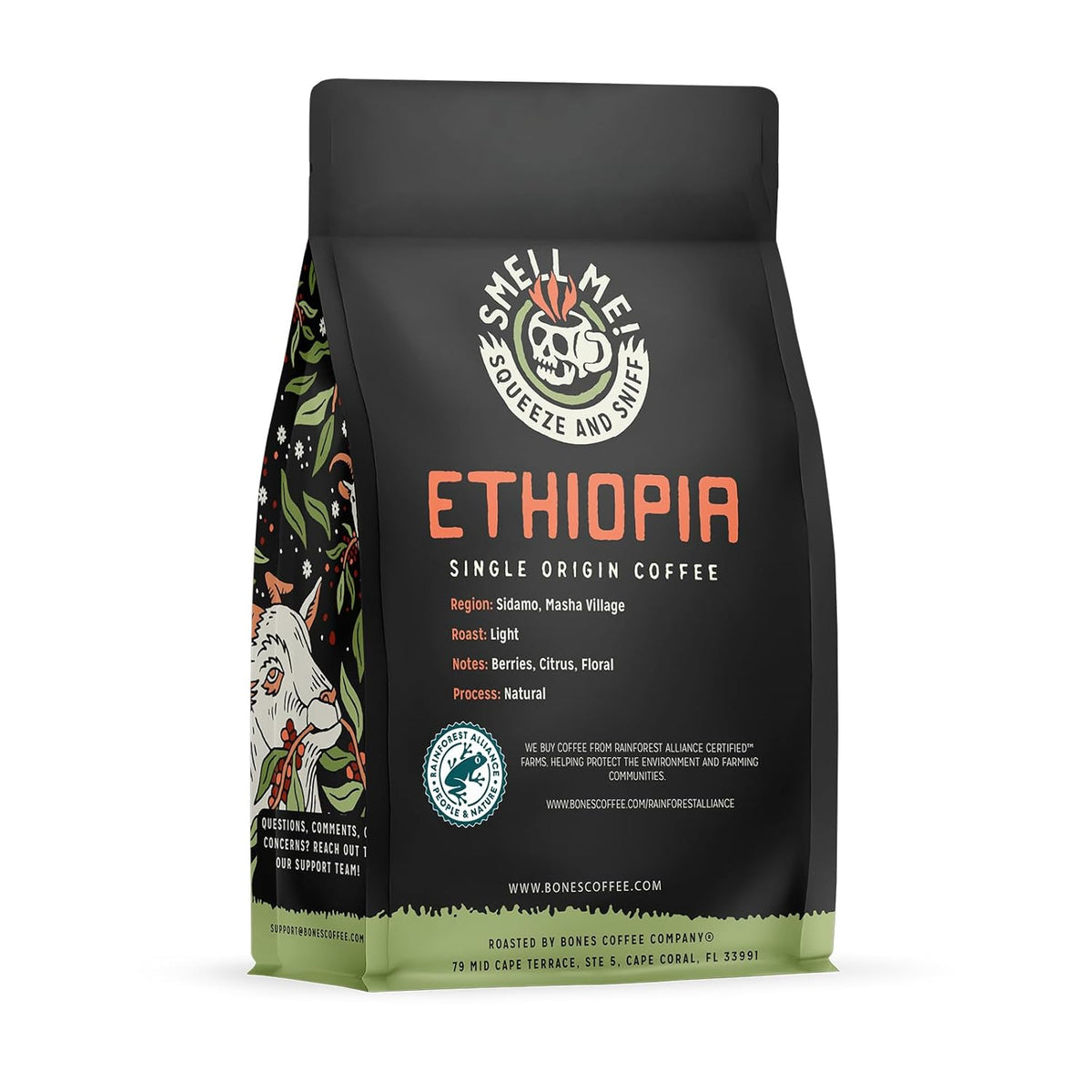 Bones Coffee Company Ethiopia Single-Origin, Citrus, Floral and Berries Notes, Whole Coffee Beans, Low Acid Medium Roast Arabica Beans Flavored Coffee, 12 oz Whole Bean