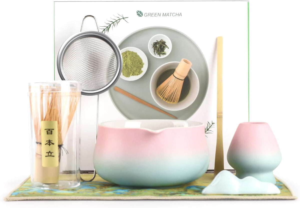 Matcha Whisk Set, Matcha Kit 7 Pcs Includes Bowl, Whisk and Holder, Bamboo Scoop, Scoop Rest, Sifter and Tea Towel, Matcha Kit Set for Tea Ceremony