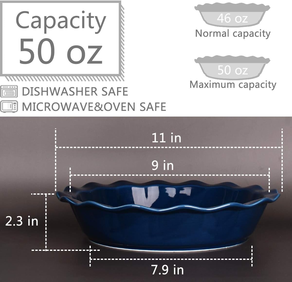 Bosmarlin Ceramic Pie Pan, 9 Inches Pie Dish, 50 oz, Pie Plate for Baking, Microwave, Oven Safe and Dishwasher safe (Deep Blue, 9 inches)