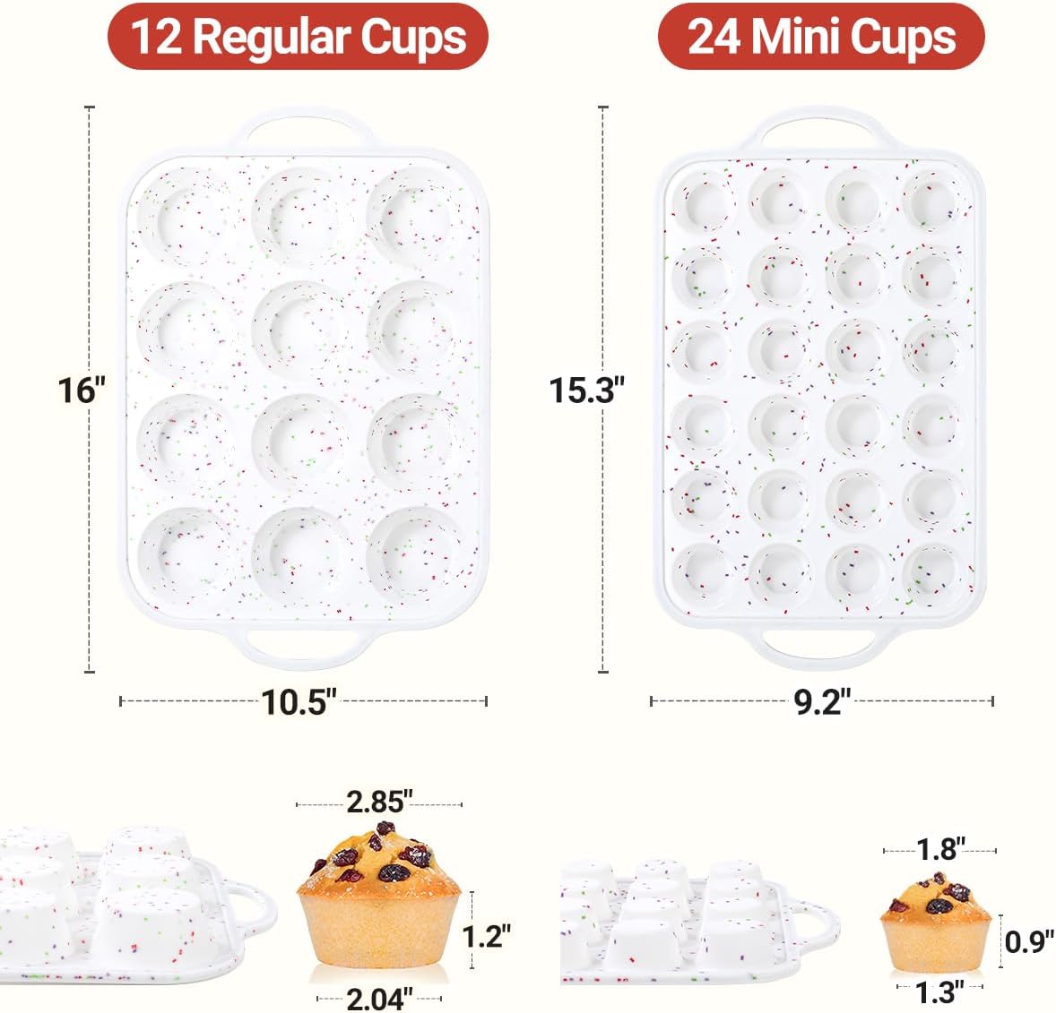 CAKETIME 12 Cups & 24 Cups Silicone Muffin Pan with Metal Frame, Regular & Mini Muffin Pan Set for Baking 2 Pack