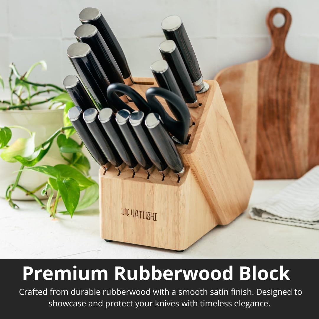 Yatoshi 15 Piece Knife Block Set - Pro Kitchen Knife Set Ultra Sharp High Carbon Stainless Steel with Ergonomic Handle