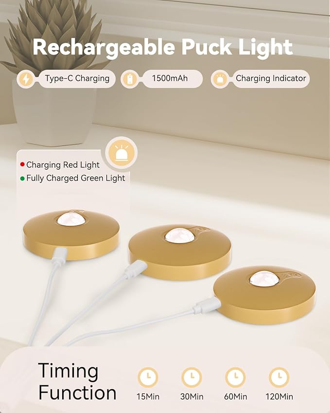 Rechargeable Puck Lights with Remote Control, 1500mAh Battery, 6Pcs Gold Stick-on Lights for Under Cabinet, Closet, Bedroom, Kitchen with Dimmer & Timer Function