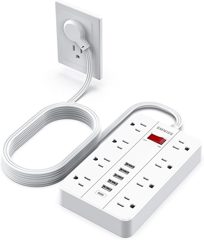 Power Strip Surge Protector, SMNICE Flat Plug Long Extension Cord 10 Ft with 8 Widely Spaced Outlets 6USB(1 USB C) Charging Station, Wall Mount for Dorm Home, Office Accessories,White