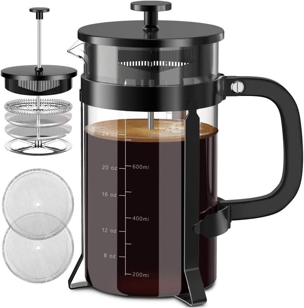 QUQIYSO French Press Coffee Maker 34oz 304 Stainless Steel French Press with 4 Filter, Heat Resistant Durable, Easy to Clean, Borosilicate Glass Coffee Press, 100% BPA Free Glass Teapot, Black