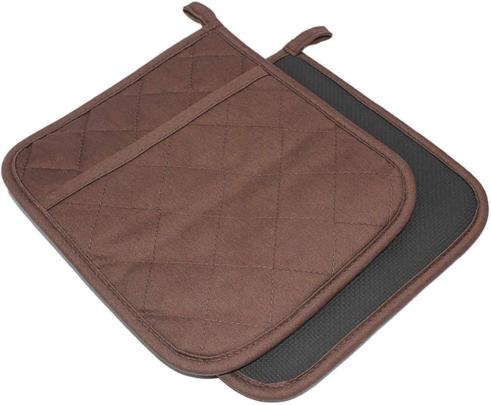 Cotton and Neoprene Oven Pads Pot Holders with Pocket 8"x8.5" Dual-Function Hot Pad Set for Finger Hand Wrist Protection Heat Resistant to 428°F Brown