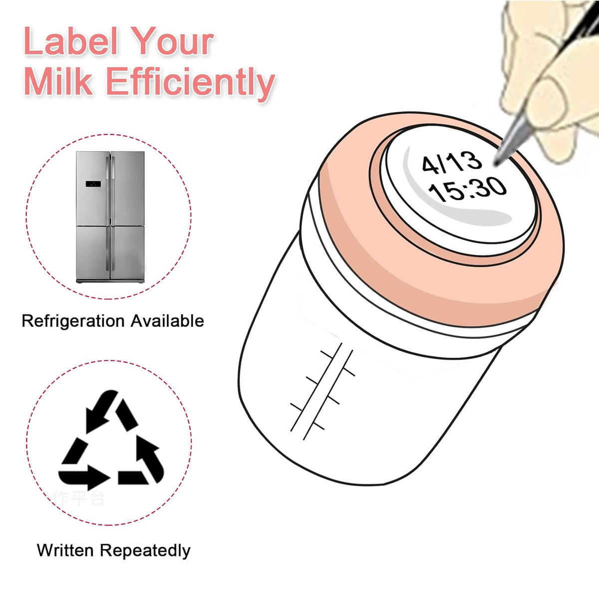 COMI Wide Neck Glass Breastmilk Collection n Storage Bottle, 4 Packs, 6oz with Screw Ring Sealing Disk; Re-markable Sealing Disc. BPA Free, Fits Breast Pumps & Nipples (4 Pink Lids)