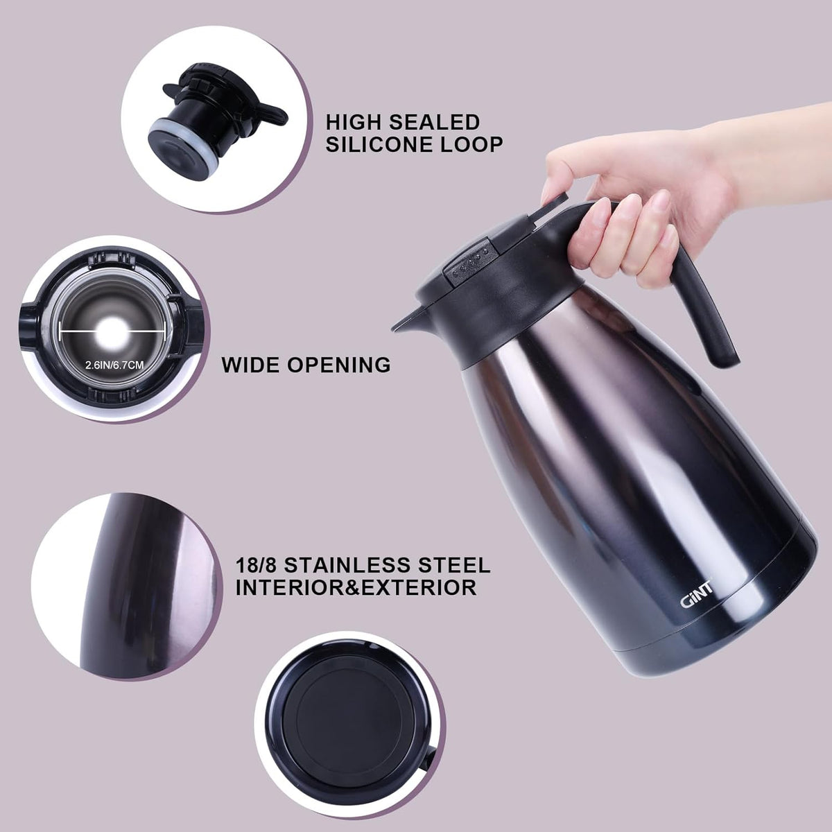 GiNT 2.2L / 74Oz Thermal Coffee Carafe, Insulated Stainless Steel Coffee Carafes for Keeping Hot/Double Walled Vacuum Thermal Carafe (Purple)