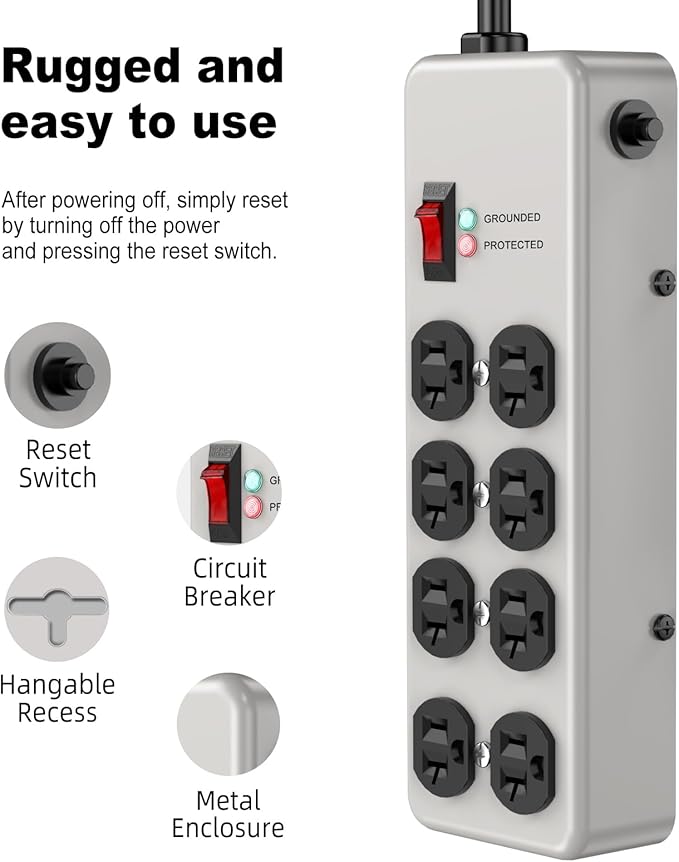 HEZI 20A Power Strip Surge Protector Durable Metal 8-Outlet with Heavy Duty 20 Amp Extension Cord,12 Gauge for Garage,Workshop & Industrial Use with 6-20R T-Slot Outlets,4800J(Grey,10FT)