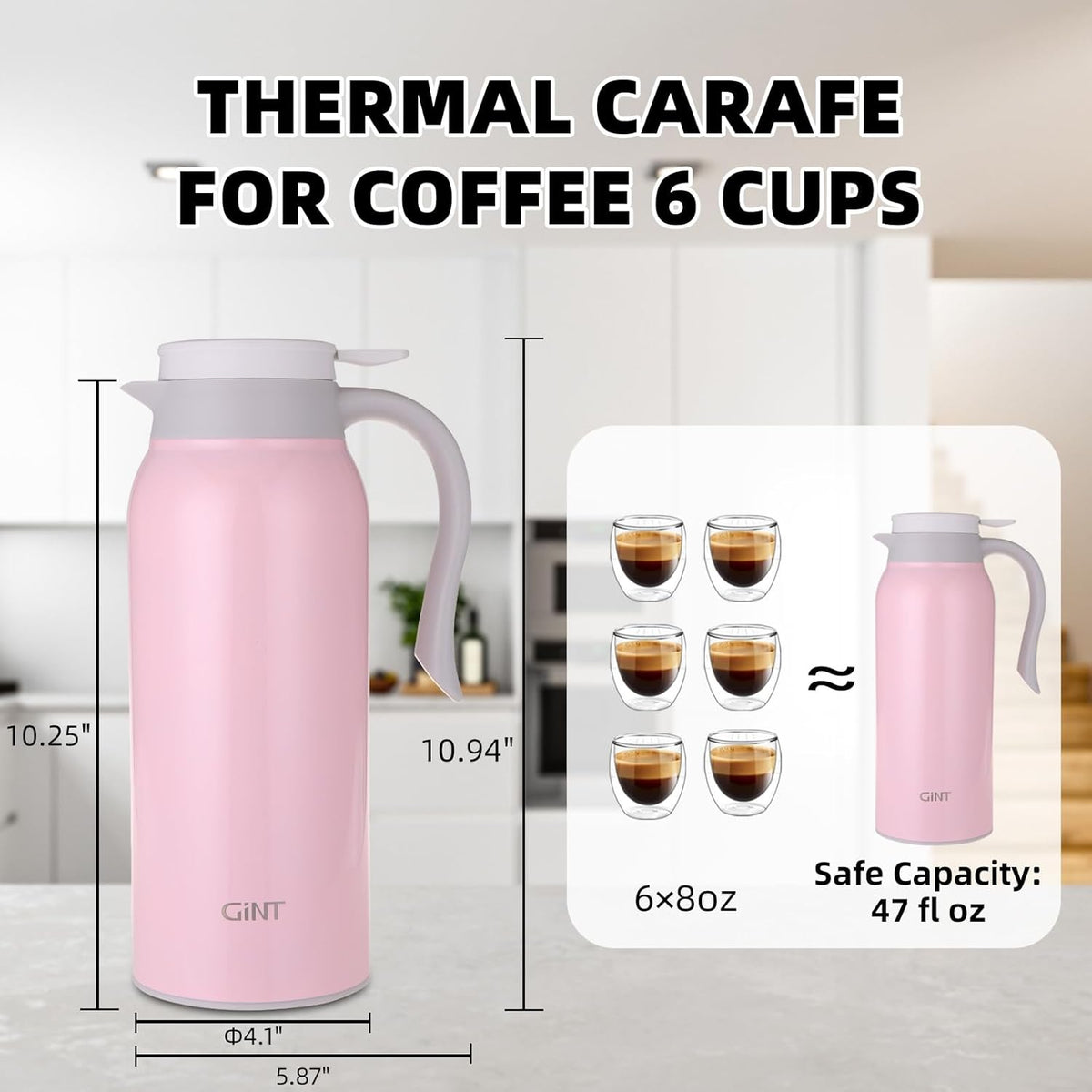 GiNT 51 Oz Stainless Steel Thermal Coffee Carafe, Double Walled Vacuum Insulated Flask, 12 Hour Heat Retention, 1.5 Liter Tea, Water, and Coffee Dispenser (Upgraded version Pink)