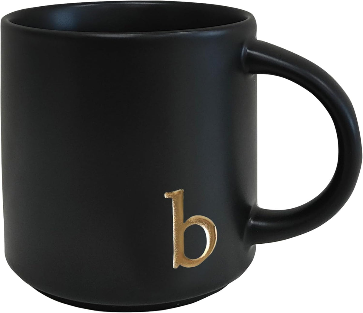 COLLECTIVE HOME - Black Monogram Ceramic Mugs, 15 oz Golden Initial Coffee Cups, Elegant Alphabet Tea Mugs, Personalized Halloween Mug with Gift Box, Perfect for Office and Home Décor (b)