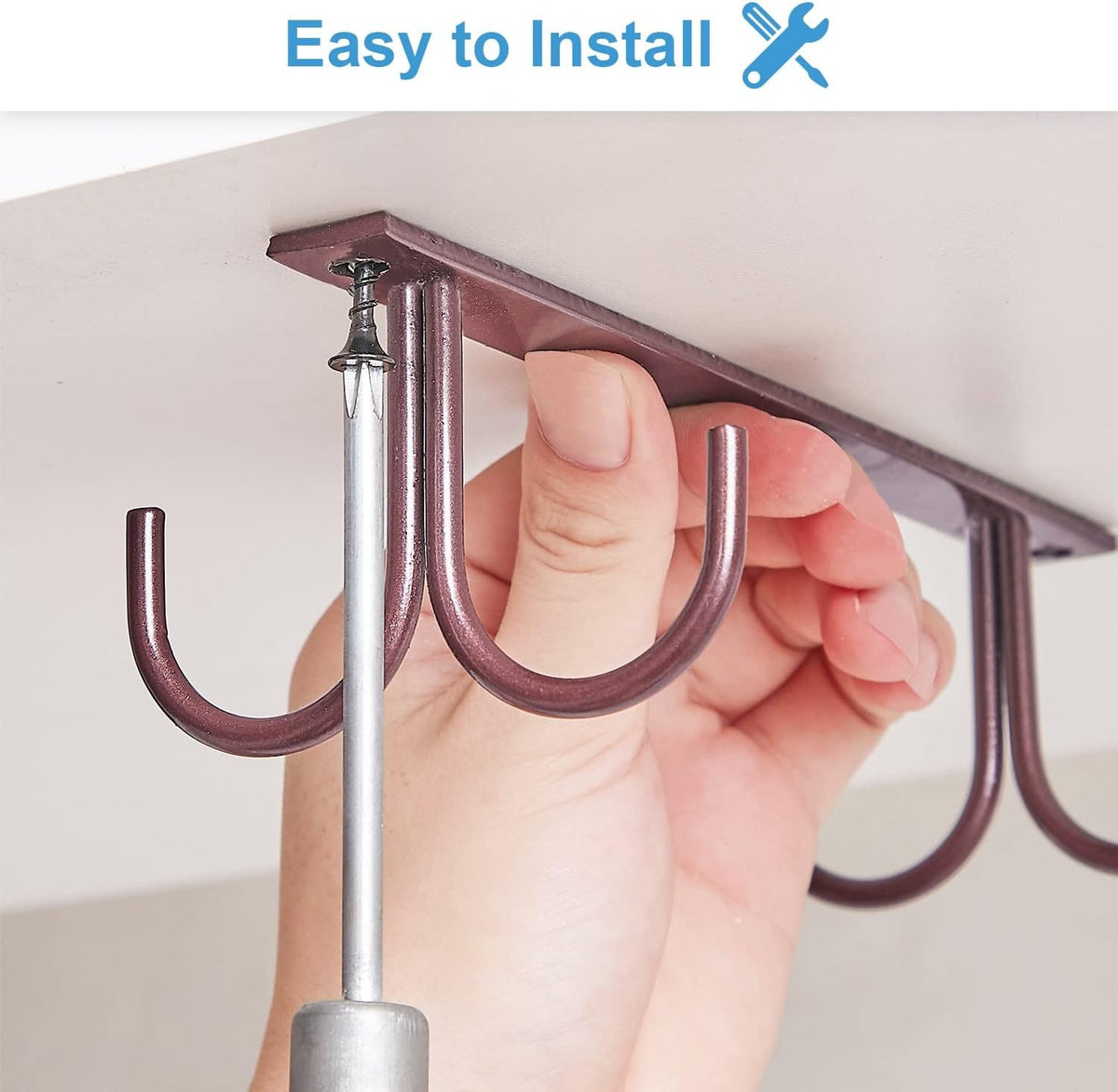 Mug Rack Under Cabinet - Coffee Cup Holder, 12 Mugs Hooks Under Shelf, Display Hanging Cups Drying Hook for Bar Kitchen Utensils Brown