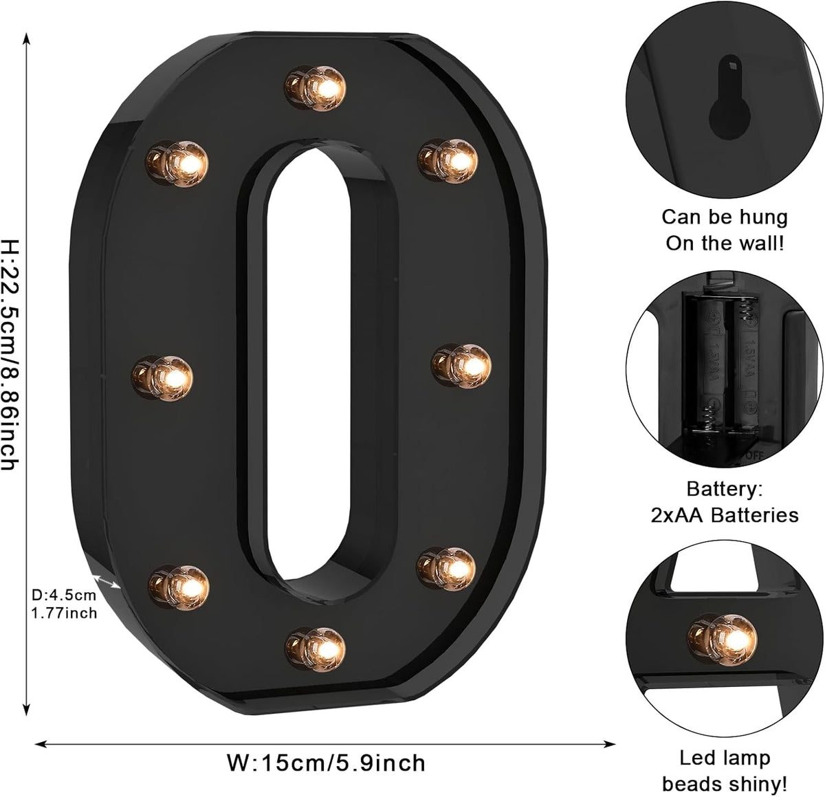 Foaky Black LED Letter Lights for Room Decor - Bedroom Wall Decor, Alphabet Lights for Home, Wedding, Party - Battery Operated （O）