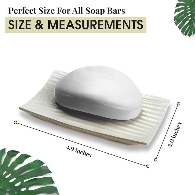 Modern Zen White Soap Dish - 4.9 x 3 Inches - Durable Ceramic Bar Soap Holder with Soap Saver Ridges, Non Slip Feet - Soap Dish for Shower, Bathroom and Kitchen
