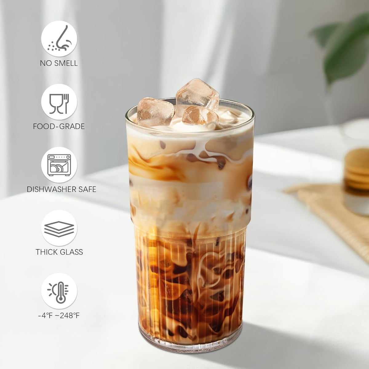 18.5oz Glass Cups with Lids and Straws - Set of 2 Reusable Tumblers, Thickened Shatter-Resistant Glass, Ideal for Iced Coffee, Smoothies, Cocktails, Juices - Elegant & Durable Drinkware