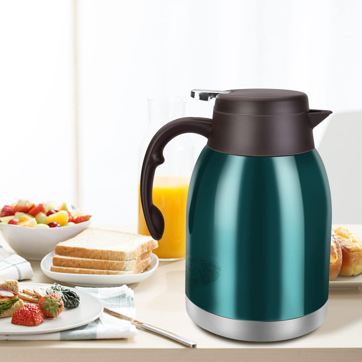 54oz Stainless Steel Thermal Coffee Carafe Dispenser, Unbreakable Double Wall Vacuum Flask 1.6L Water Tea Pot Beverage Pitcher for Hot Coffee for Christmas Carafe (Green)