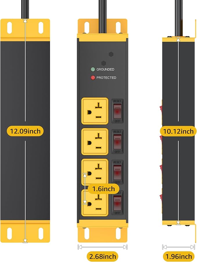 CCCEI Heavy Duty Surge Protector Power Strip 20 Amp Individual Switches. 6FT 12 Gauge Extension Cord with Multiple Outlets. Kitchen, Garage, Shop, Industrial Wall Mount Electric Extender, Yellow.