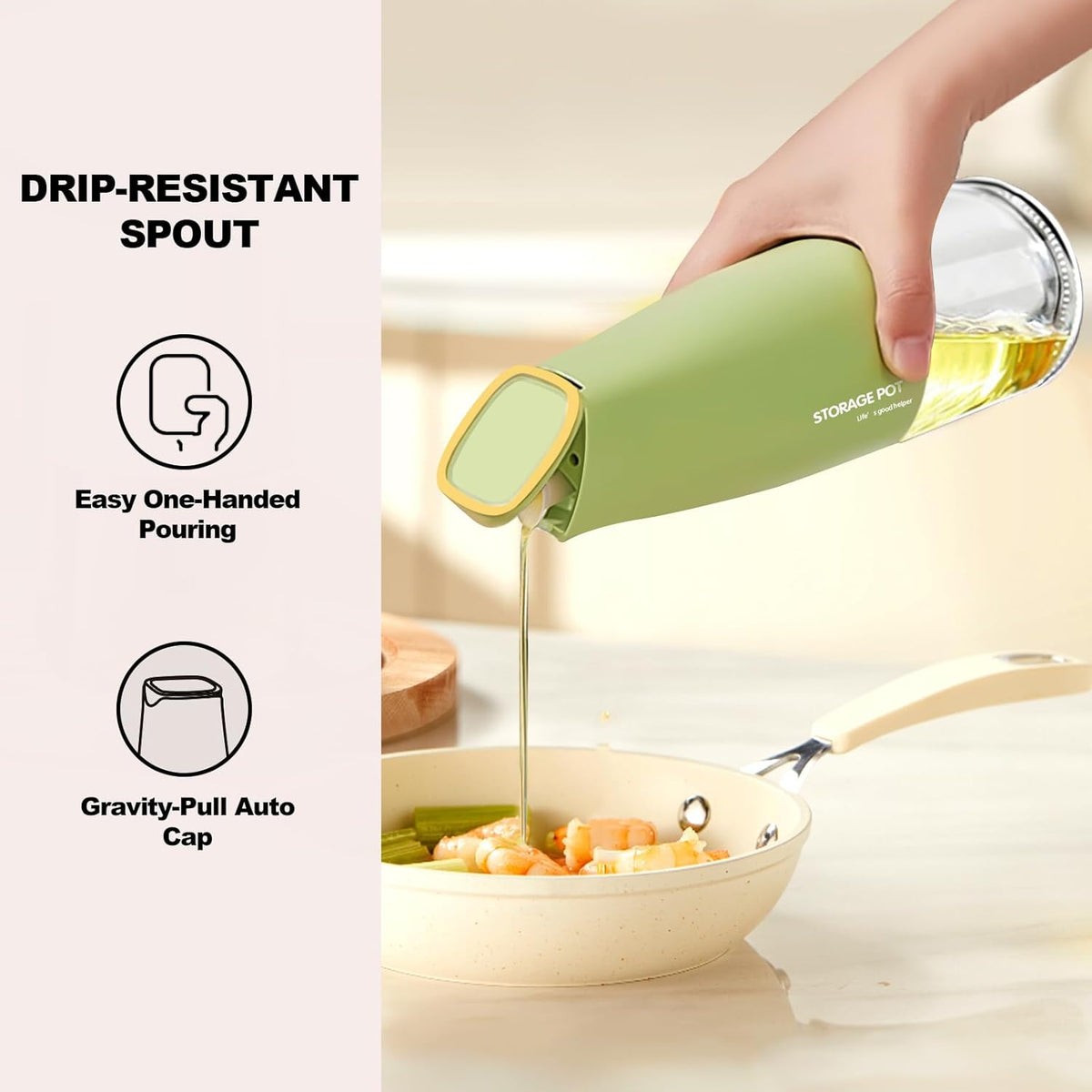 YARRAMATE Large Capacity Aesthetic Olive Oil Dispenser for Kitchen, 500ml /17oz Cooking Glass Vinegar Drizzler, Leak Proof Oil Bottle, Non-Drip Soy Sauce Dispenser, Oil Pourer & Labels(Green)