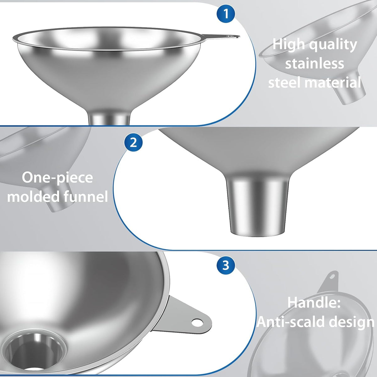 Stainless Steel Funnel with 30 Mesh Filter Food Grade Metal Funnel for Kitchen, Liquids, Oil, Powder, Wide Mouth Bottles, Home Brewing