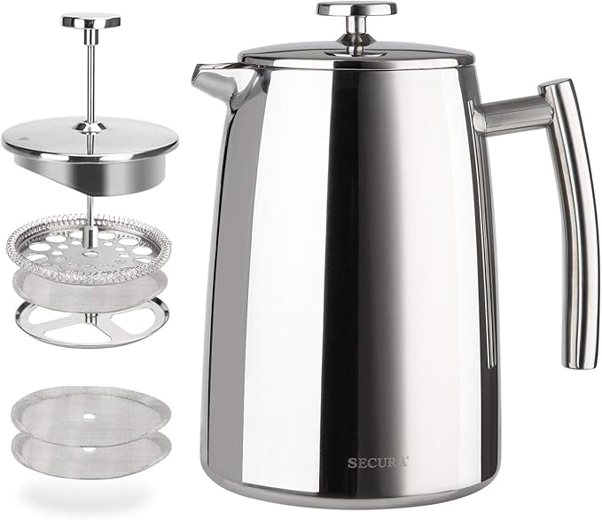 Secura French Press Coffee Maker, 34-Ounce, 304 Stainless Steel Insulated Coffee Press with Extra ScreenSecura French Press Coffee Maker, 34-Ounce, 304 Stainless Steel Insulated Coffee Press with Extra Screen