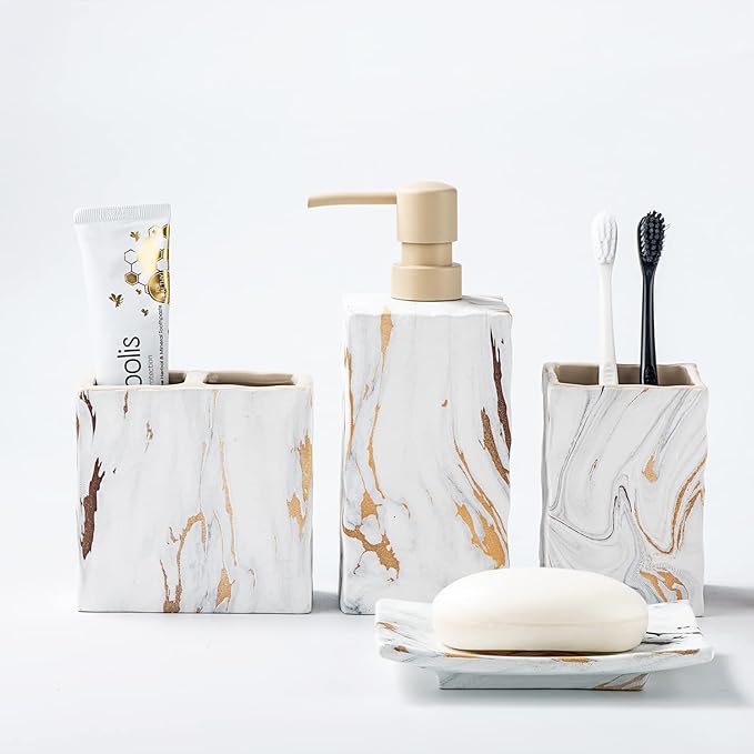 Bathroom Accessories Set 4 Pcs Marble Look Sets Toothbrush Holder Soap Dispenser Counter Top Ceramic Bathroom Decor Set Gold
