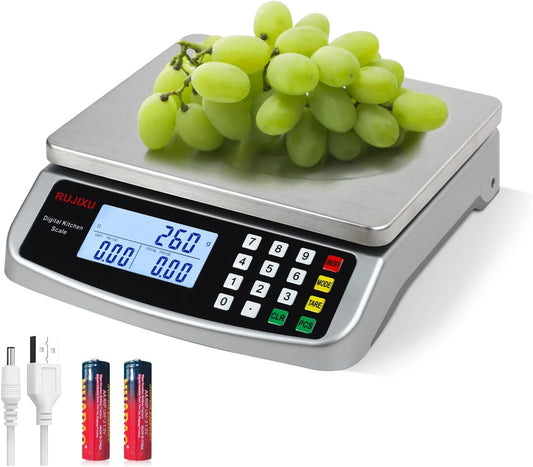Food Scale 88lb/40kg Large Digital Kitchen Scale 0.05oz/1g with Price Computing Commercial Scale 304 Stainless Steel gram Scale for Baking Cooking Meat Restaurant ，USB or AA Battery(Included)