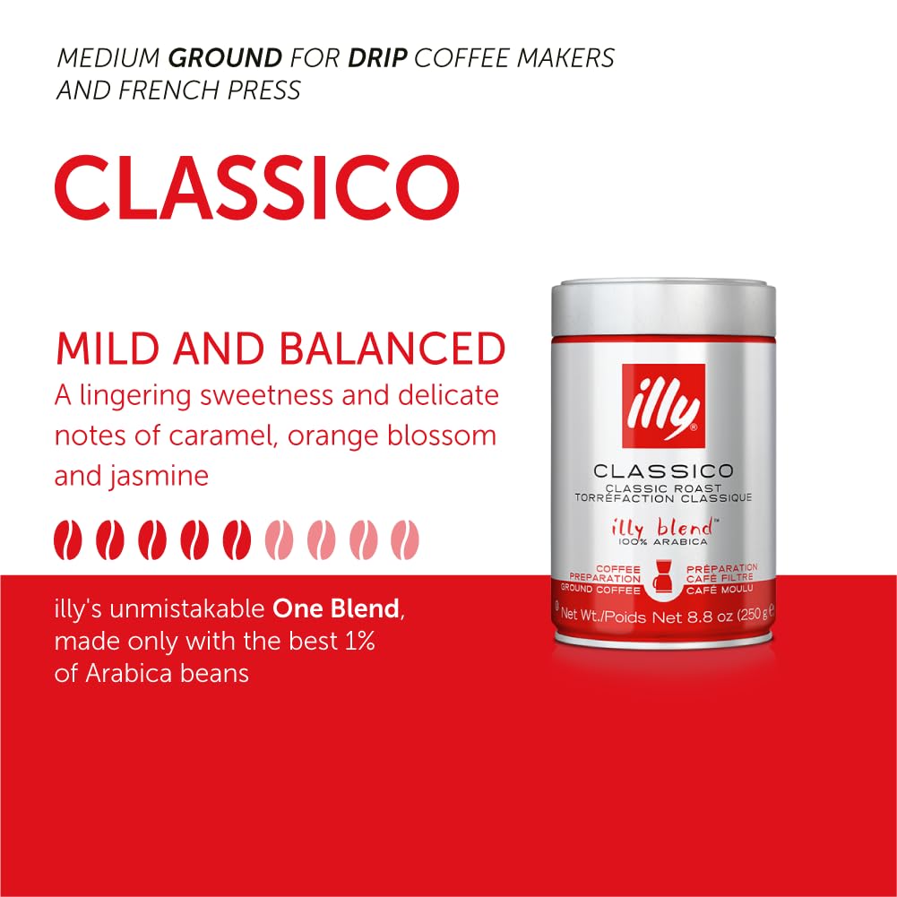 Illy Classico Ground Drip Coffee, Medium Roast, Classic Roast With Notes Of Chocolate & Caramel, 100% Arabica Coffee, No Preservatives, 8.8 Ounce (Pack Of 1)