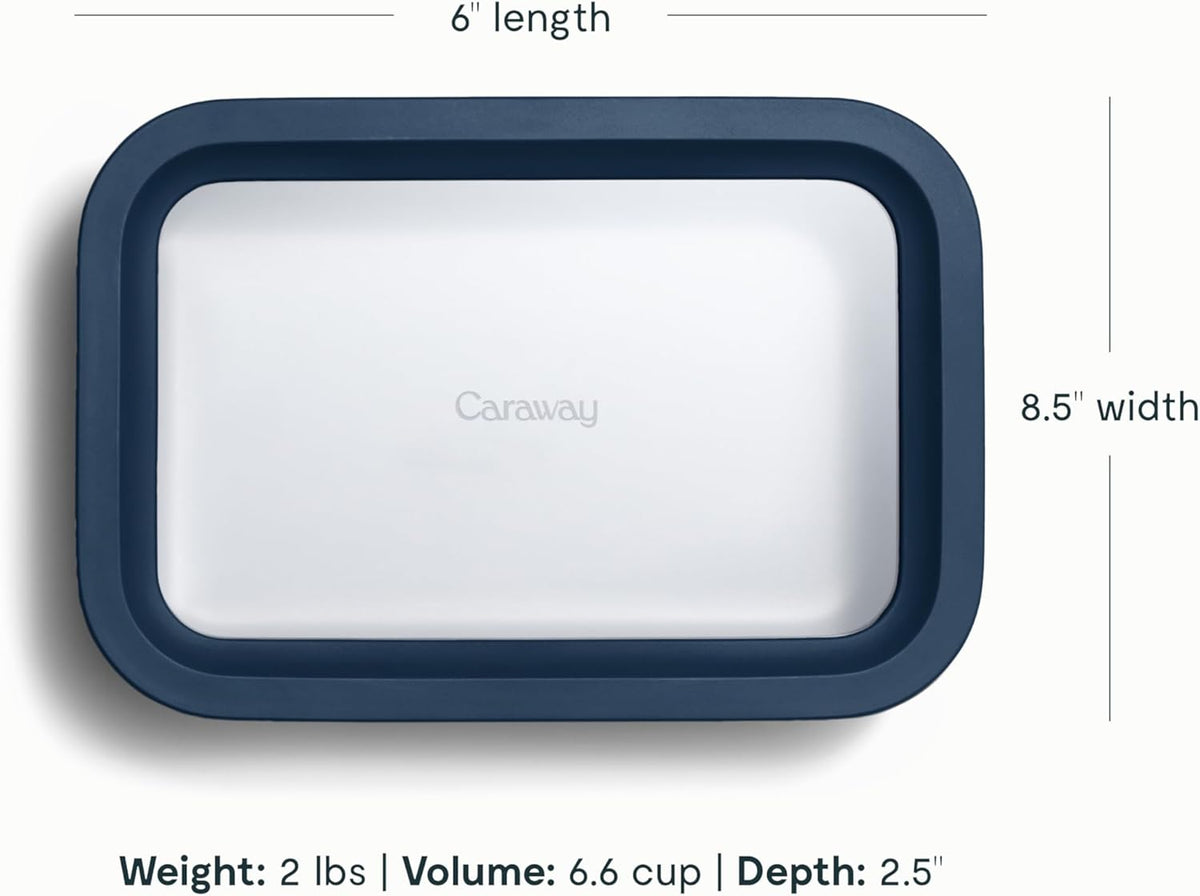 Caraway 2pc Glass Food Storage Set - 6.6 Cup Food Containers (2) - Ceramic Coated - Non Toxic, Non Stick Lunch Box with Lids. Dishwasher, Oven, & Microwave Safe - Navy