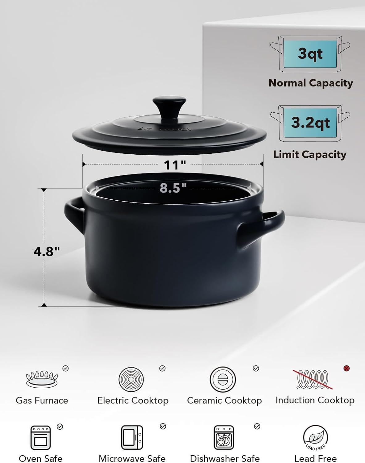 LE TAUCI 3 Quart Ceramic Dutch Oven - Lightweight, Non-Toxic, No Seasoning Needed- Oven, Microwave & Dishwasher Safe, Dutch Oven Pot with Lid for Sourdough, Soup & Stew, Midnight Blue