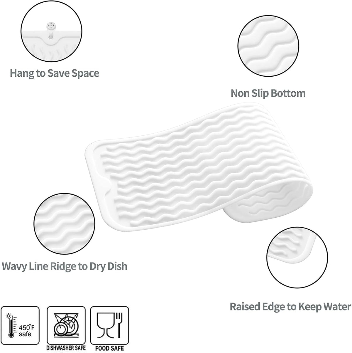 Silicone Dish Drying Mat for Multiple Usage,Easy clean,Eco-friendly,Heat-resistant Silicone Mat for Kitchen Counter,Sink,Bar,Bottle,or Cup White M 17 inches x 6 inches