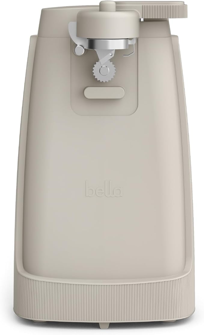 bella Electric Can Opener and Knife Sharpener, Multifunctional Jar and Bottle Opener with Removable Cutting Lever and Cord Storage, Stainless Steel Blade, Oatmilk