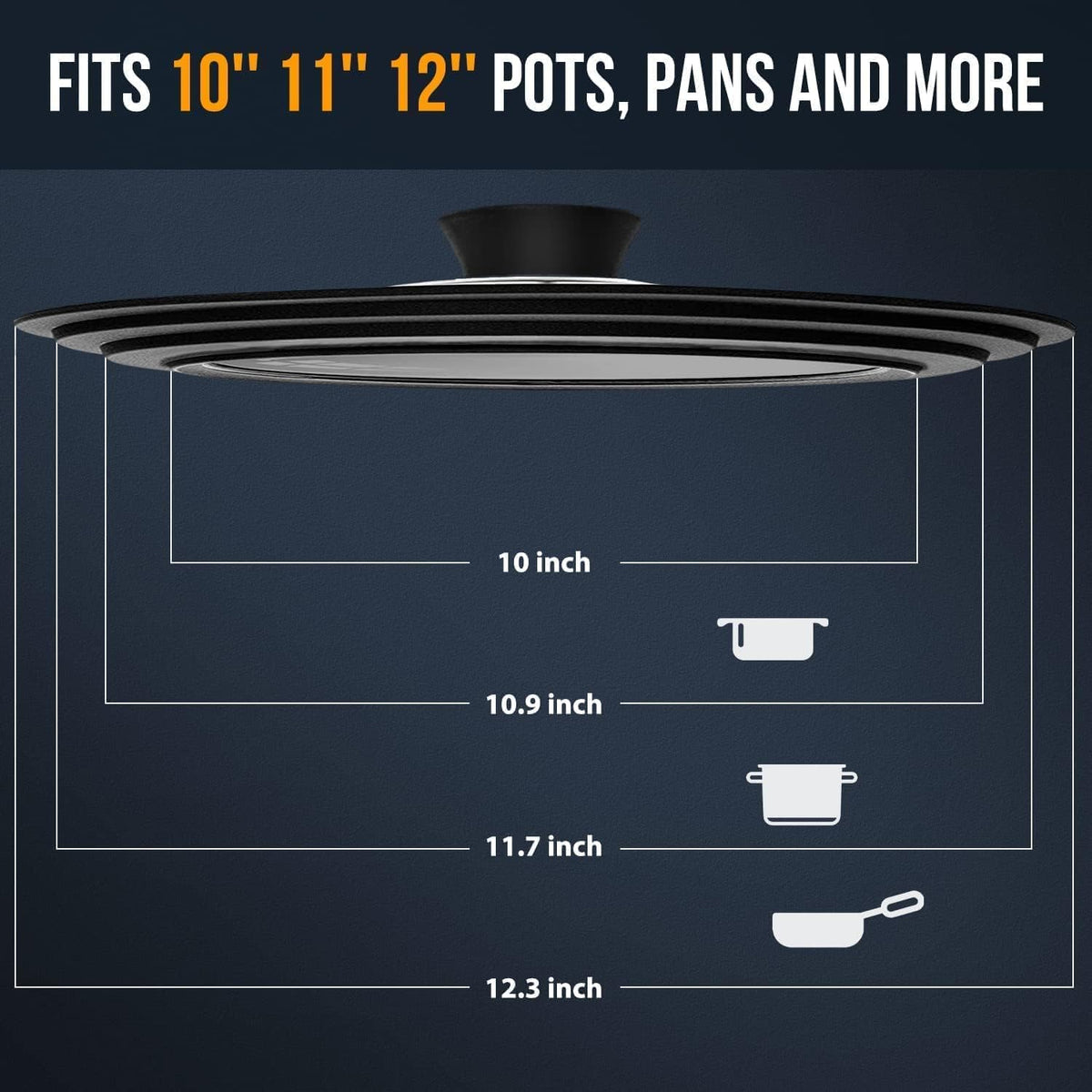 Universal Lid for Pots, Pans and Skillets Fits 10.5", 11.5" and 12" Diameter Cookware - Walfos Tempered Glass Pan Lid with Heat Resistant Silicone Rim, BPA Free Large Pot Lids, Dishwasher-Safe, Black